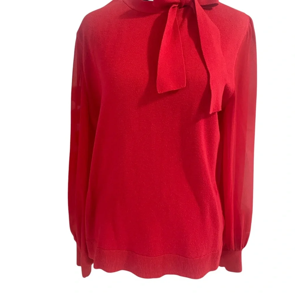 Cece’s Bow Neck Blouson Sleeve Cotton Blend Red Sweater,Large - Picture 8 of 9